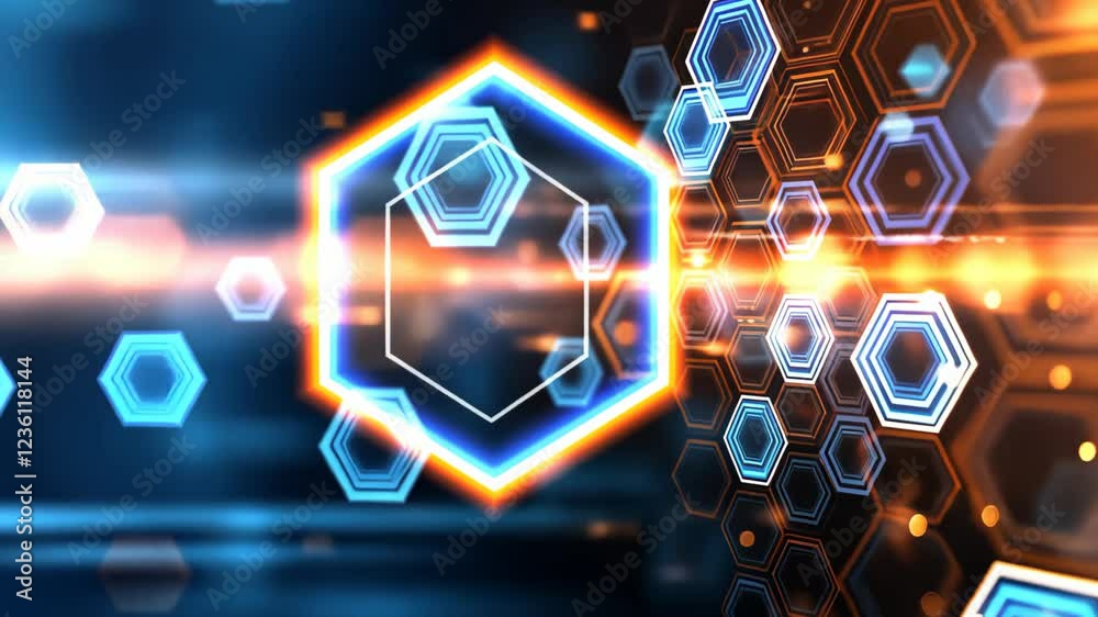 futuristic innovative abstract technology theme background, metallic sheet, digital circuit, geometric shape, neon light, hexagonal shape 