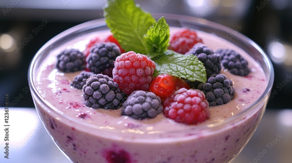 Fototapeta premium A delicious and healthy dessert featuring layers of creamy yogurt, fresh fruit toppings, and a sprig of mint for garnish.