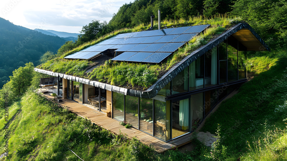 A sustainable solar-powered house surrounded by trees, with birds in the sky, representing a harmonious coexistence of technology and nature. A sustainable solar-powered house surrounded by trees, with birds in the sky, representing a harmonious coexistence of technology and nature.