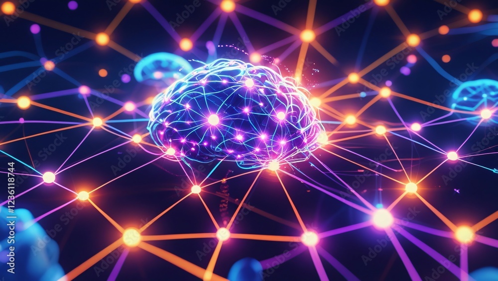 Fototapeta premium Abstract image of a complex neural network brain in motion. Interconnected nodes and glowing lines forming a dynamic web of intelligence and connections.