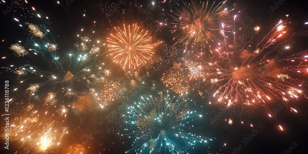Fototapeta premium A lively fireworks display lighting up the evening sky in an urban setting, with a crowd gathered to celebrate.