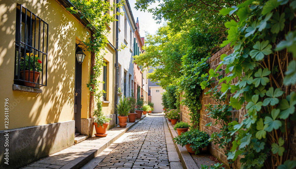 Fototapeta premium Charming cobblestone alley adorned with shamrock clovers, urban tranquility