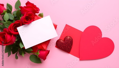 A bouquet of red roses, a red gift box with a ribbon, and a sparkly red heart next to a blank red card, all arranged on a pink surface.