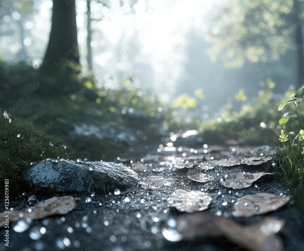 Fototapeta premium Morning dew glistens on leaves along a forest path