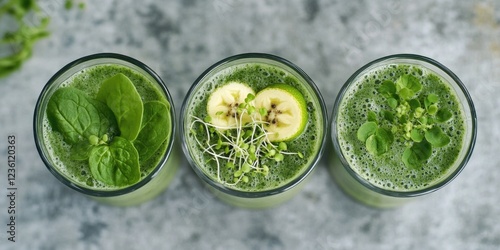 Three tall glasses filled with a vibrant green smoothie containing apple, mint, and sprouts, showcasing fresh ingredients on a gray countertop. photo