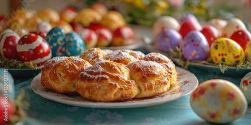 Croissants with a sugar glaze topped on an Easter themed table with vibrant bunny eggs and other festive decorations. photo