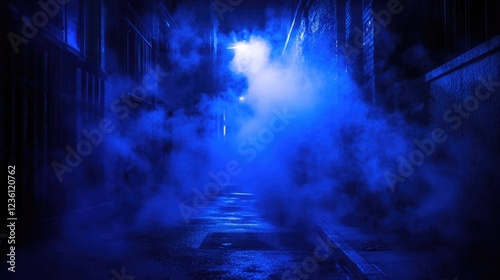Mysterious alleyway at night  shrouded in fog and enveloped by an ethereal blue light.
