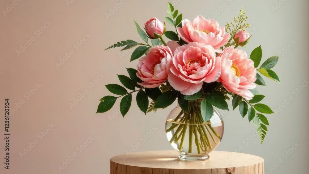 Obraz premium A delicate arrangement of light pink peonies in a clear glass vase, adorned with lush green foliage, sits elegantly on a simple wooden surface against a soft neutral backdrop