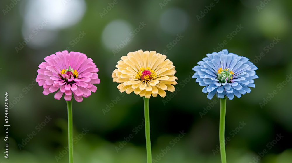 Pink, yellow, blue zinnias in garden, bokeh background, nature photography, website design Pink, yellow, blue zinnias in garden, bokeh background, nature photography, website design