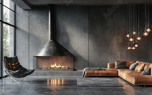 Modern industrial loft with a sleek metal fireplace, exposed concrete walls, warm Edison bulb lighting, and a leather sofa, featuring a trendy and raw urban aesthetic, creating a stylish and cozy feel photo