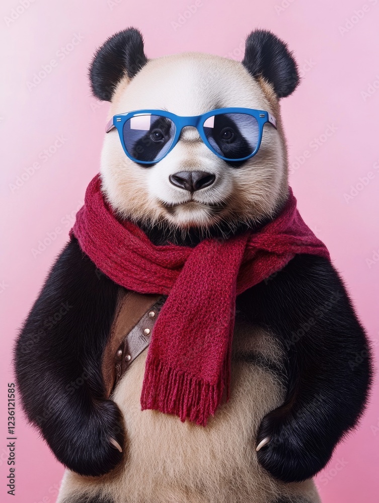 A panda bear wearing sunglasses and a red scarf. The bear is posed in a way that makes it look like it's wearing sunglasses and a scarf A panda bear wearing sunglasses and a red scarf. The bear is posed in a way that makes it look like it's wearing sunglasses and a scarf