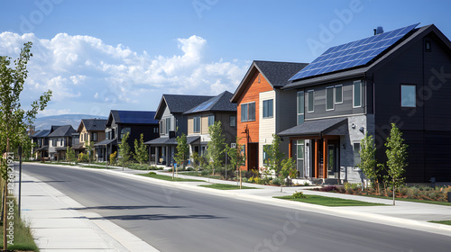 A sustainable urban development with homes featuring solar panels, focusing on renewable energy and reducing the environmental footprint.