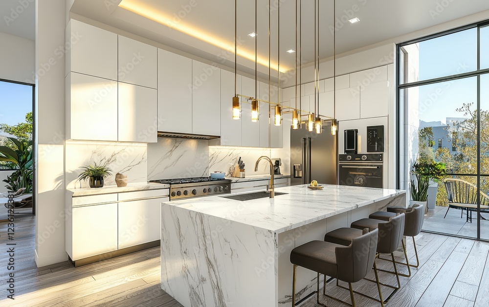 Fototapeta premium Luxurious open-plan kitchen with marble countertops, high-end appliances, and elegant light fixtures