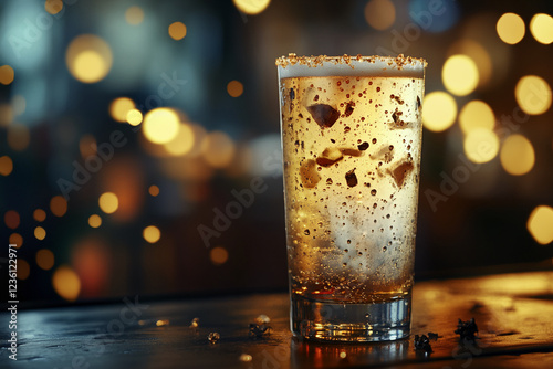 A chilled glass of sparkling beer with bubbles and ice cubes, set against a warm bokeh backdrop. The photo evokes feelings of refreshment, relaxation, and celebration. photo