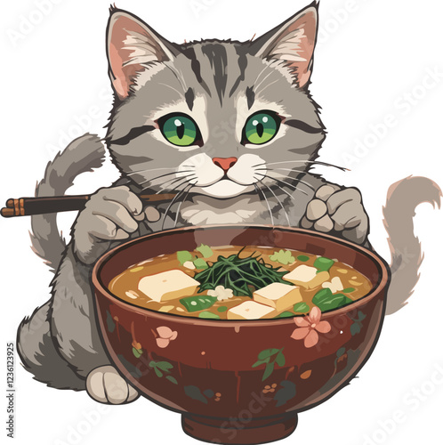 Gray tabby cat with green eyes eating sipping miso soup. Generative AI.