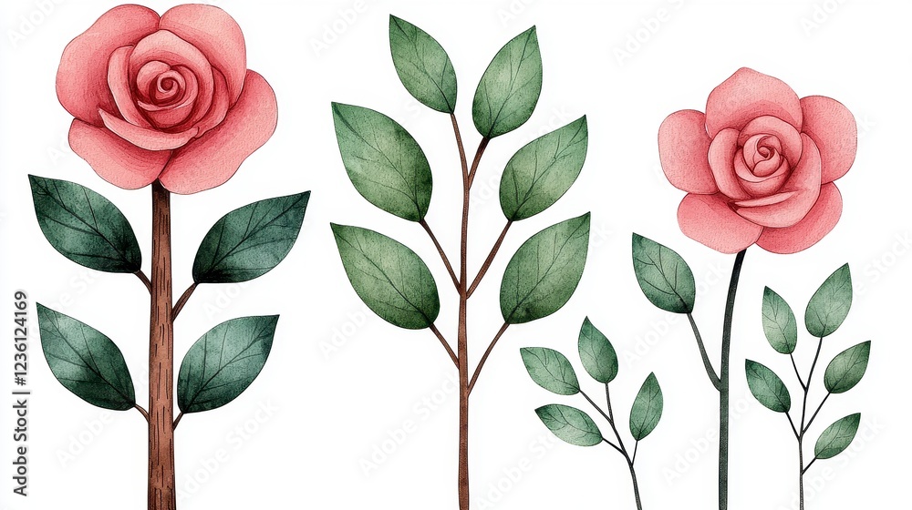 Fototapeta premium Watercolor Roses and Green Leaves Botanical Illustration