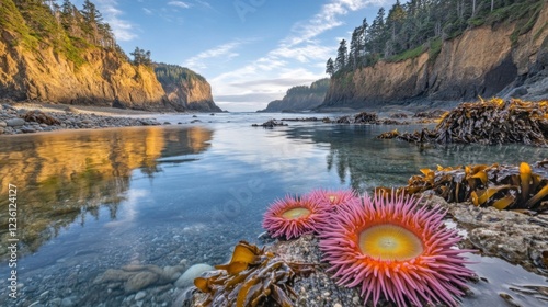 Vibrant Pink Sea Anemones on a Calm Pacific Coastline photo