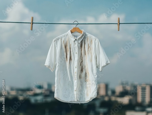 A stained white shirt hanging on a clothesline against a city skyline under a clear blue sky.