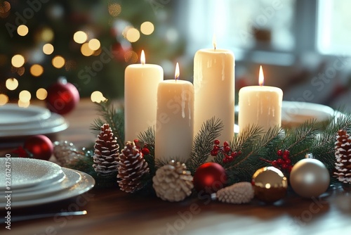 This image features a beautiful Christmas table decoration with candles and festive elements like pine cones and berries, arranged in a cozy centerpiece. photo