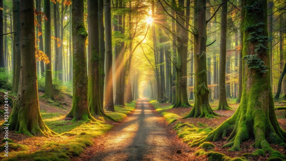 Naklejka premium Sunbeams illuminate a path through an ancient forest, dappled light casting ethereal shadows upon the mossy ground.