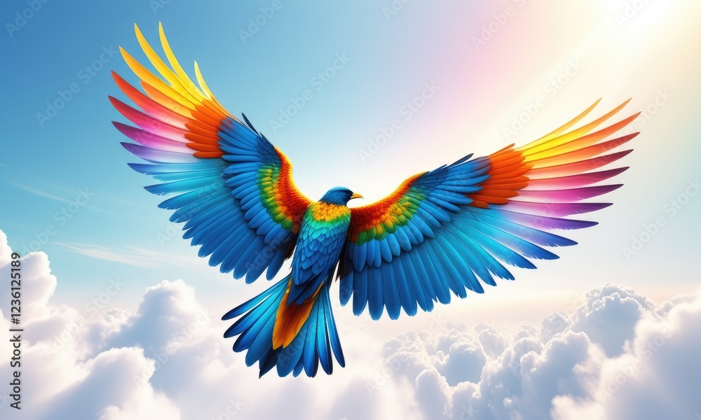 Fototapeta premium Vibrant rainbow bird soaring above clouds against sunlit sky