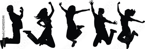 People jump vector silhouette. Jumping friends youth background. Cheerful man and woman isolated 