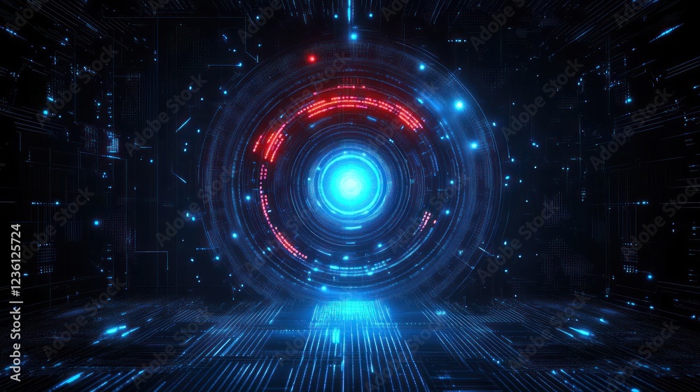 Obraz premium Futuristic digital portal with glowing blue and red elements