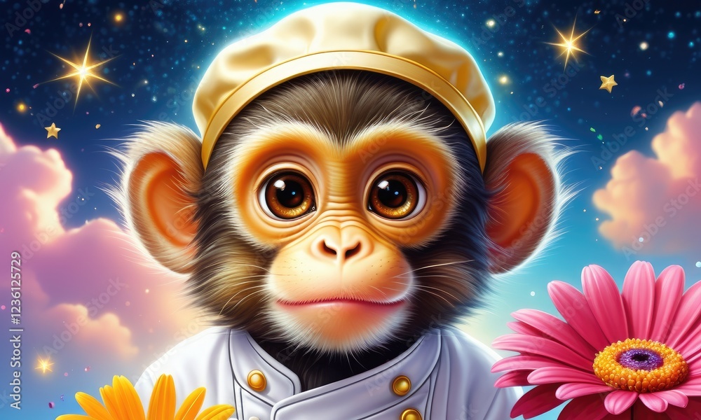 Adorable chef monkey with flowers and starry night sky background Adorable chef monkey with flowers and starry night sky background