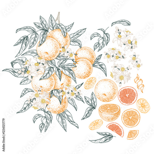 Vector set of oranges. Branch with fruits, leaves and flowers, slices, halves, dried pieces, orange chips, zest. Linear color elements. Organic fruit growing. Set of ingredients. Healthy eating