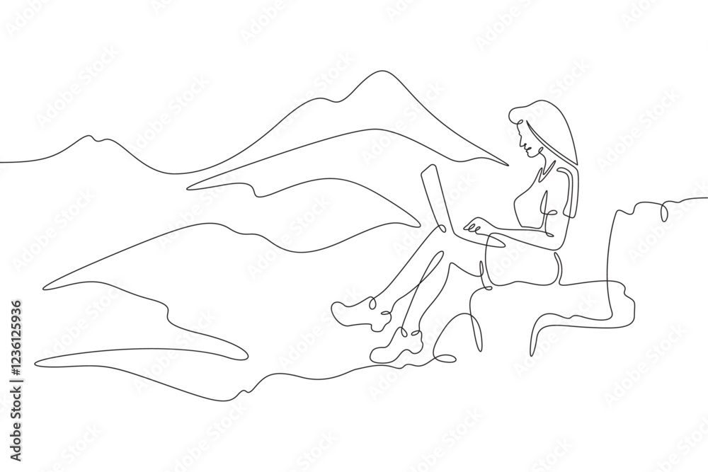 Continuous one line drawing woman with laptop sits in nature. Mountain landscape. Woman working on vacation. Tourism.Travel. One continuous line isolated minimal illustration.Not AI. Continuous one line drawing woman with laptop sits in nature. Mountain landscape. Woman working on vacation. Tourism.Travel. One continuous line isolated minimal illustration.Not AI.