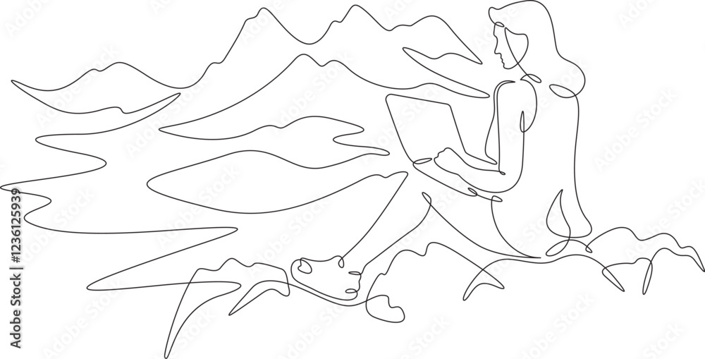 Continuous one line drawing woman with laptop sits in nature. Mountain landscape. Woman working on vacation. Tourism.Travel. One continuous line isolated minimal illustration.Not AI. Continuous one line drawing woman with laptop sits in nature. Mountain landscape. Woman working on vacation. Tourism.Travel. One continuous line isolated minimal illustration.Not AI.