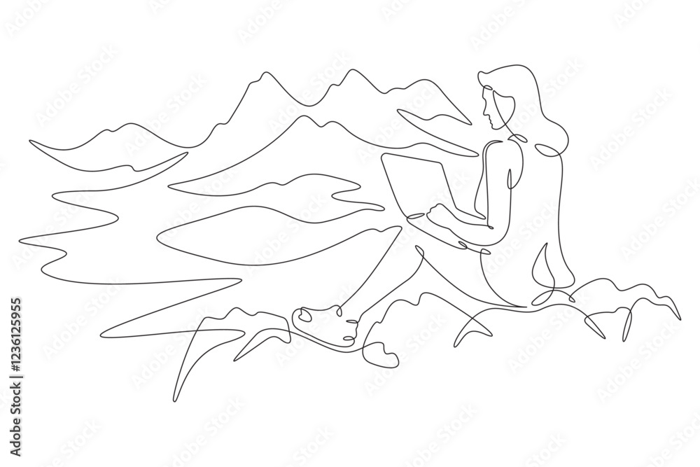 Fototapeta premium Continuous one line drawing woman with laptop sits in nature. Mountain landscape. Woman working on vacation. Tourism.Travel. One continuous line isolated minimal illustration.Not AI.
