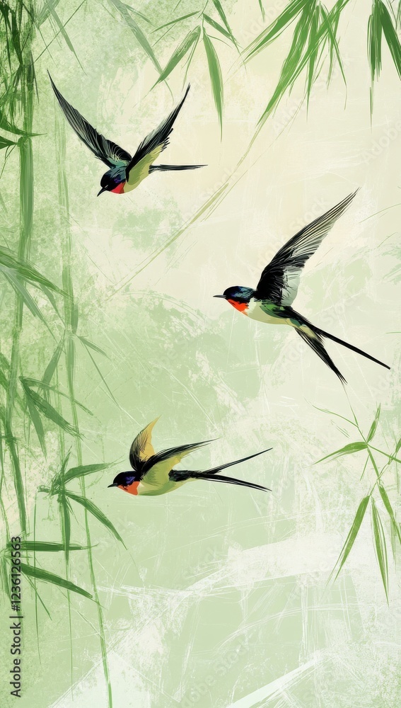 Barn Swallows Soaring through a Serene Bamboo Forest Painting Barn Swallows Soaring through a Serene Bamboo Forest Painting