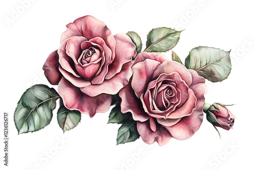 A detailed and elegant illustration of three delicate, dusty rose roses with lush, textured petals.
