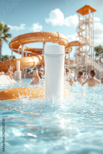 Sunscreen bottle in splashing water at a water park with orange slides in the background