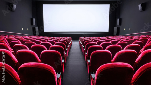 A row of red cinema seats facing a blank screen in a modern movie theater. photo