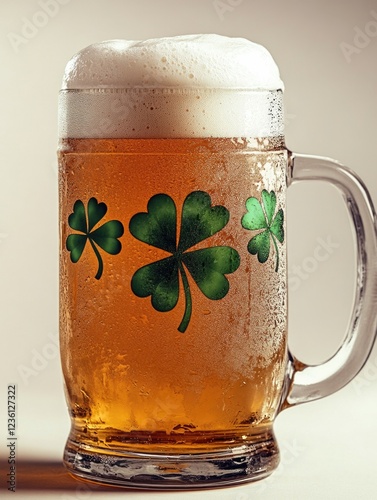 Pitcher of beer with foam and shamrocks, Irish celebration.