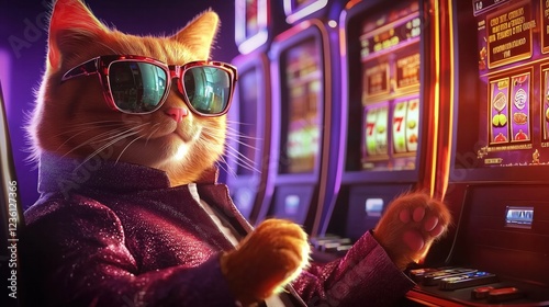 Ginger cat wearing sunglasses and playing slot machine in casino