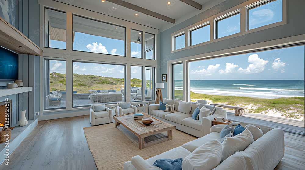 Fototapeta premium Coastal living room ocean view luxury home