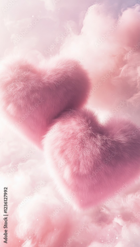 Fluffy Pink Hearts Float in Dreamy Clouds Evoking Love and Romance Fluffy Pink Hearts Float in Dreamy Clouds Evoking Love and Romance