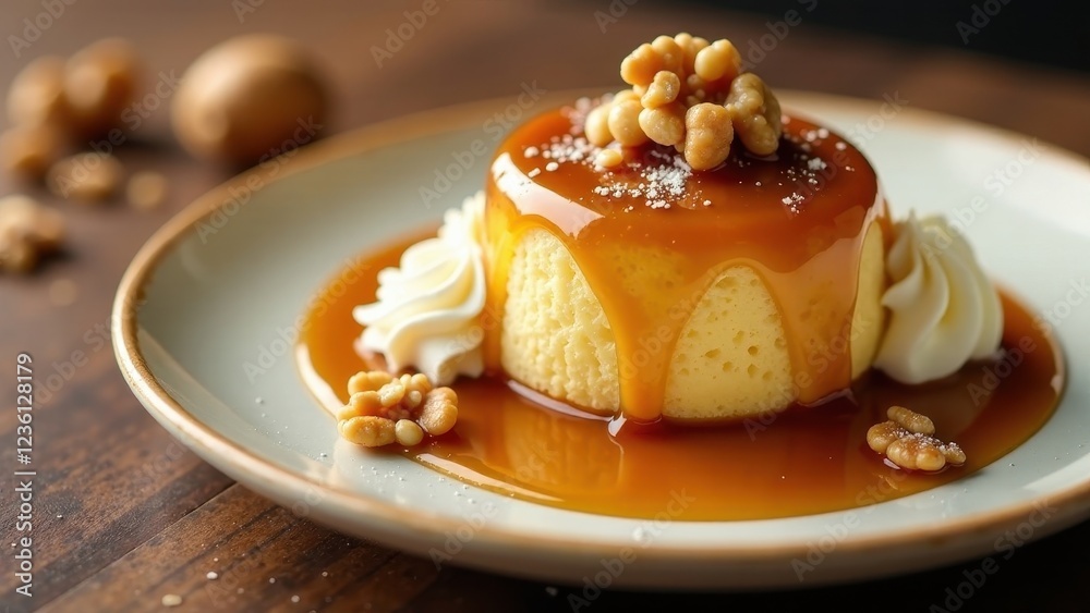 Decadent Caramel Flan Dessert with Toasted Nuts and Whipped Cream on Elegant Plate Decadent Caramel Flan Dessert with Toasted Nuts and Whipped Cream on Elegant Plate