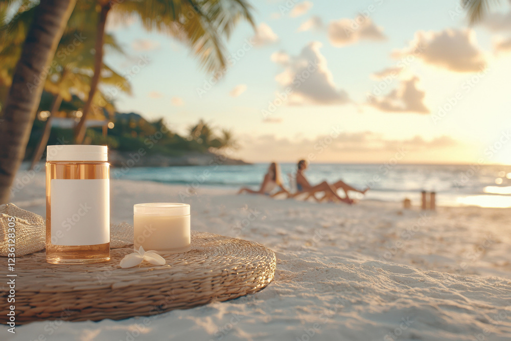 Beachfront serenity with skincare products at sunset Beachfront serenity with skincare products at sunset