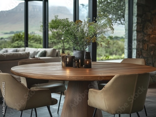 Spacious living room with minimalist design  including circular wooden table  two-tone chairs  and vase of dried flowers.