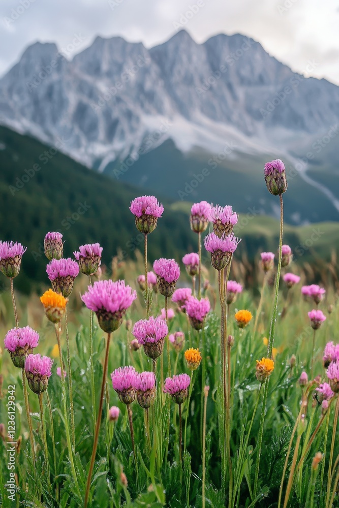 Fototapeta premium Colorful wildflowers bloom in mountain meadow during daylight