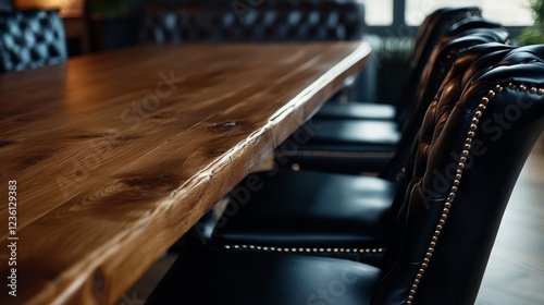 A Long, Rustic Wooden Table Sits In A Dimly Lit Room, Surrounded By Luxurious Dark Leather Chairs With Brass Studs. The Scene Evokes A Feeling Of Sophisticated Elegance And Quiet Contemplation.