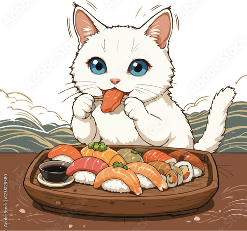 White cat with deep blue eyes enjoying a delicious plate of sushi. Generative AI.