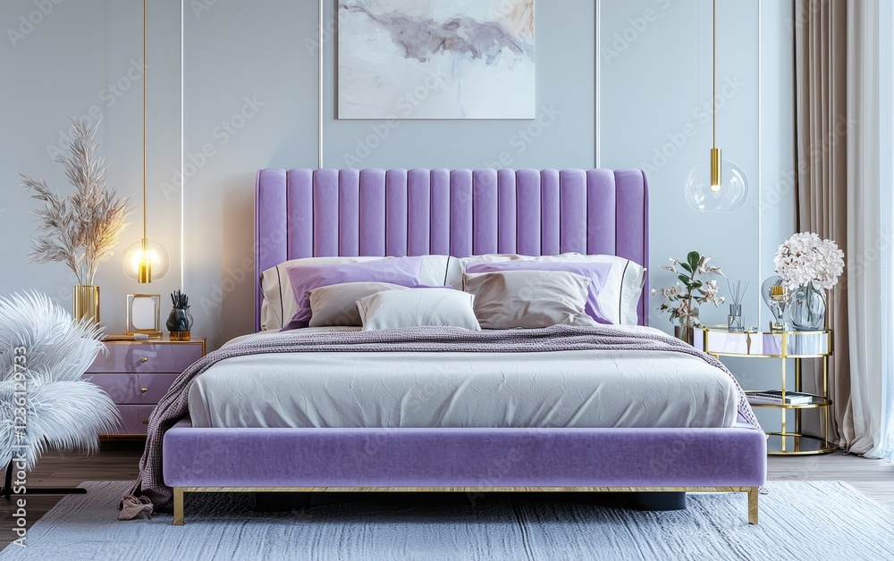 Fototapeta premium Modern Bedroom with a Soft Lavender Velvet Bed, Subtle Gold Accents, a Glass Nightstand, and a Cozy Dreamy Contemporary Aesthetic