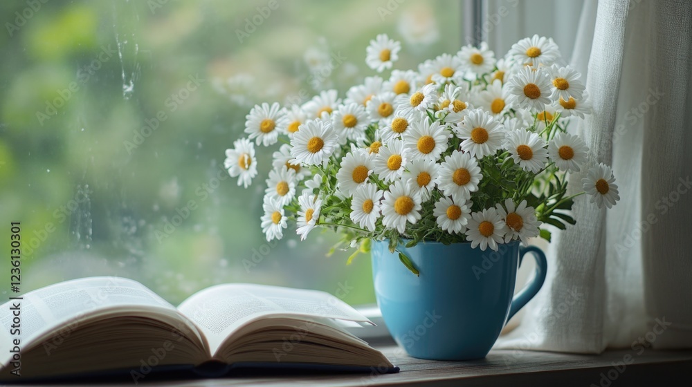 custom made wallpaper toronto digitalDaisies and Book on Window Sill