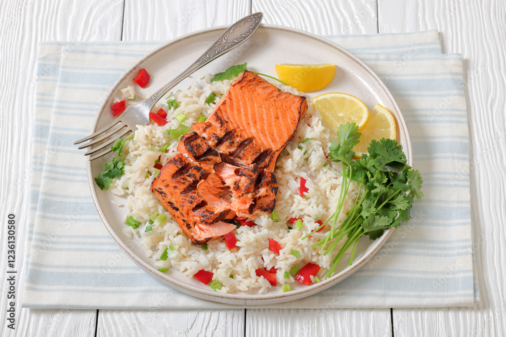 grilled red salmon fillet with rice, top view grilled red salmon fillet with rice, top view