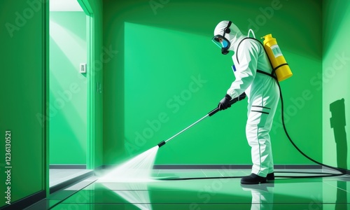 Professional cleaning technician in protective gear sanitizing green room photo